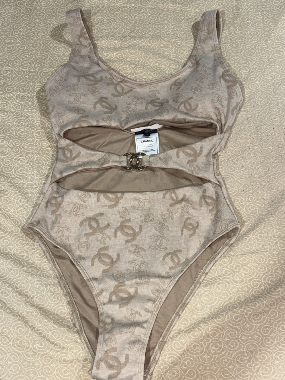 CHANEL Beige Logo Jacquard One-Piece with Hardware Cutout